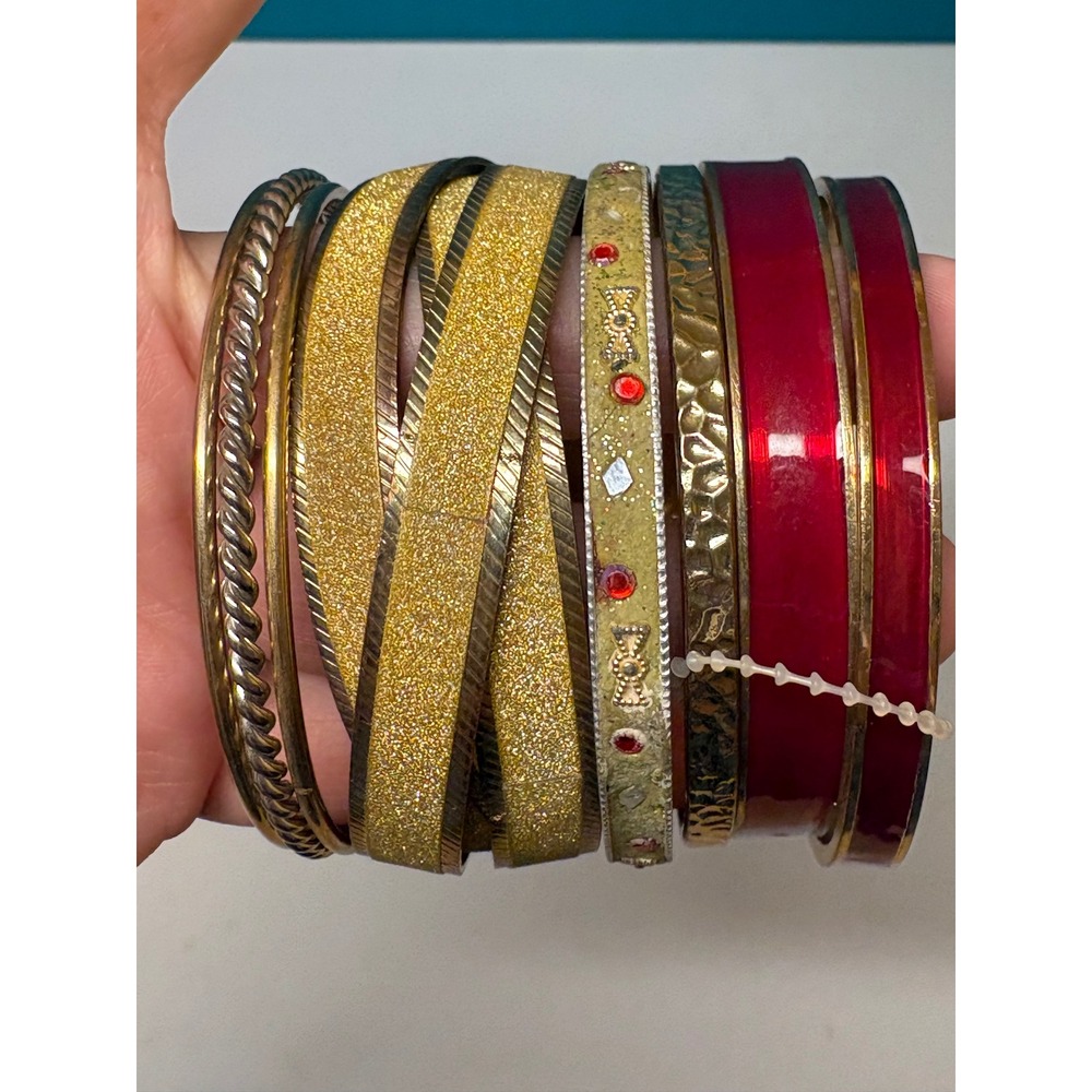 Gold Red Silver Bangle Bracelet Set Mixed Metal Enamel Glitter Stacking‎ 10pc